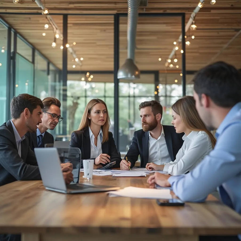 Equipo profesional discutiendo amigablemente en una oficina moderna y luminosa